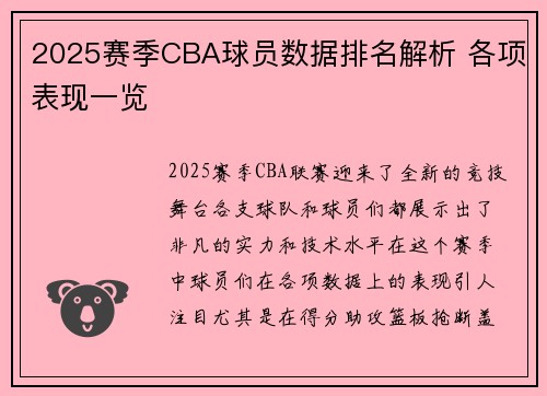2025赛季CBA球员数据排名解析 各项表现一览