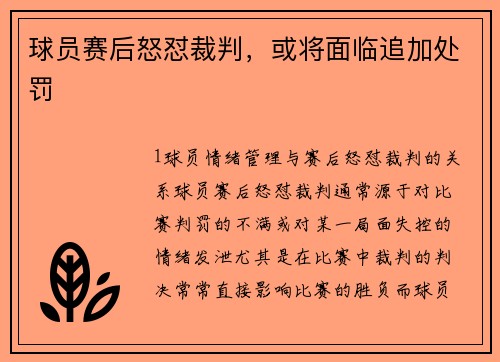 球员赛后怒怼裁判，或将面临追加处罚