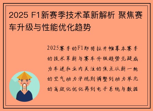 2025 F1新赛季技术革新解析 聚焦赛车升级与性能优化趋势