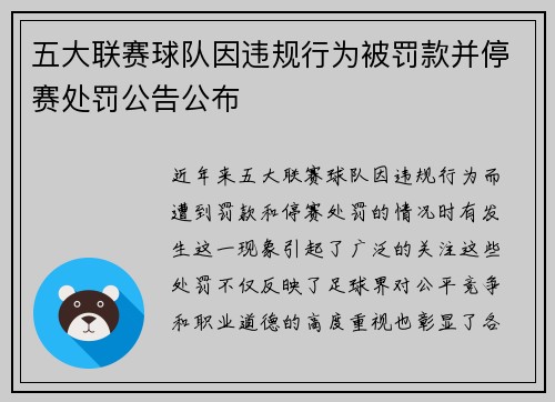 五大联赛球队因违规行为被罚款并停赛处罚公告公布